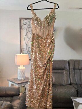 Ladivine Gold Sequin Rhinestone Embellished Evening Gown Formal Dress